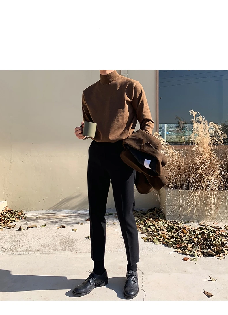 Description Picture 6 of itemMen Pullovers Half High Collar Autumn Winter Long Sleeve Male Knitting Tops Casual Sweaters Solid Color Korean Style Loose Warm