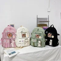 College Student Rucksack Fashion Casual Book Bags Nylon with Plush Pendant Pin Cute Large Capacity Japanese Style for Teen Girls 3
