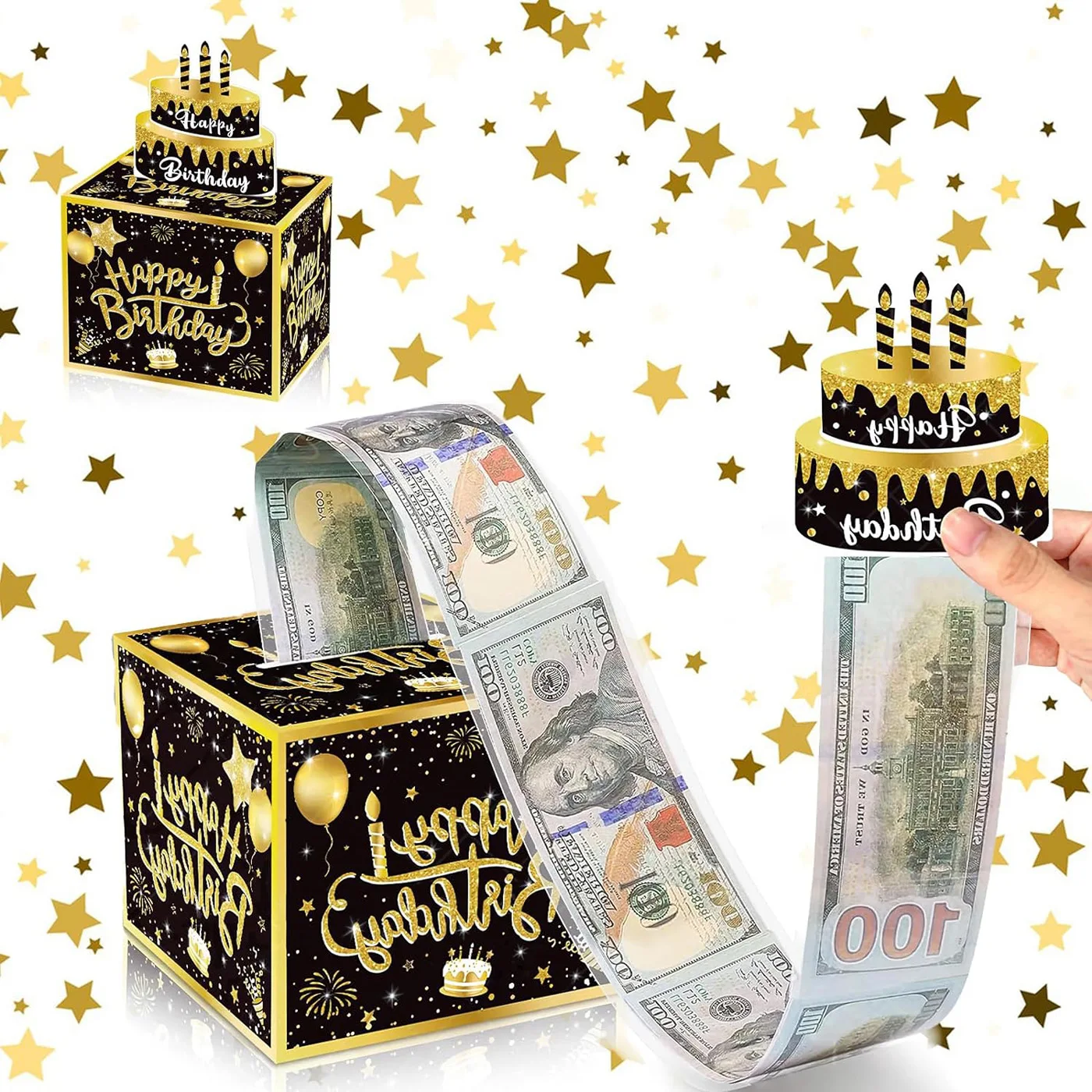 

Birthday Money Gift Box with DIY Stickers for Any Age, Surprise Money Box Cash Gift with Pull Out Happy Birthday Card and 100 Cl