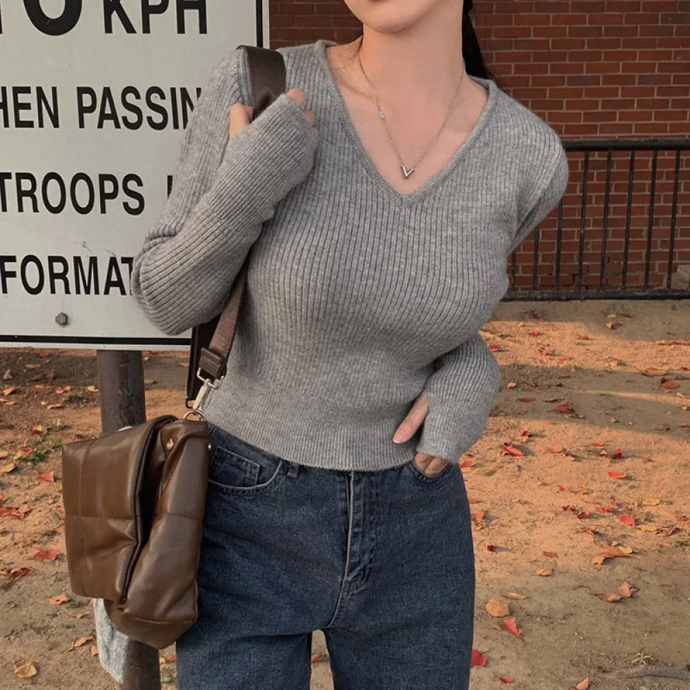 

Облегающие вязаные свитера и джемперы с V-образным вырезом для женщин, осенне-зимние утепленные пуловеры с оборками внутри, базовые Топы 2023