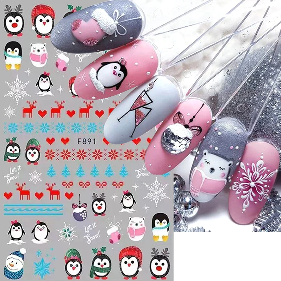 Nail Stickers Nail Art Decoration Nail Decals Merry Christmas Penguin Nail Art Sticker 3D Slider Deer Santa Claus Decal New Year Nail Decorations Sticker Manicure Accessories