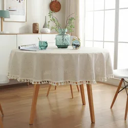 Elegant Round Tassel Tablecloth - Solid Cotton Linen for Dining and Party Decor (Neutral)
