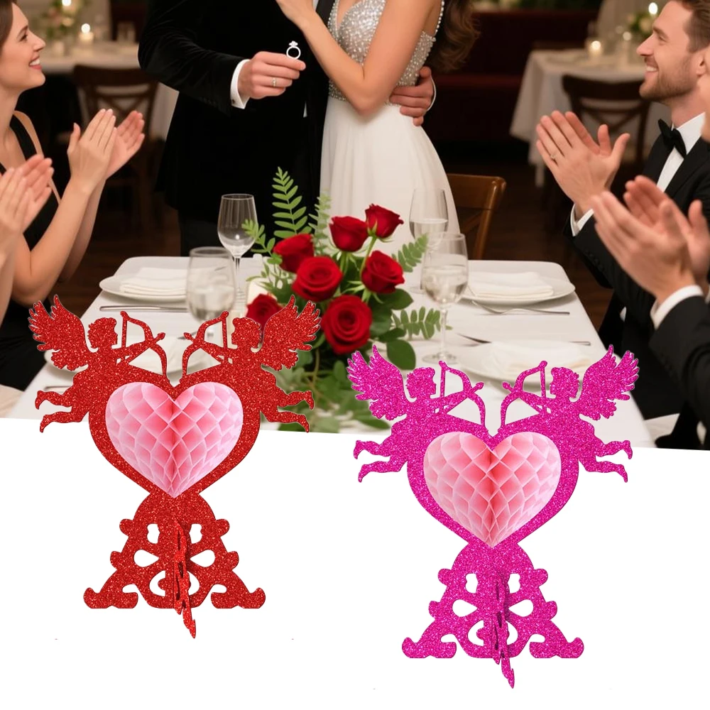 Sweet and Romantic 4-Piece Set of Shiny Angel Heart Honeycomb Desktop 3D Ornaments for Valentine's Day Confession, Engagement, Wedding Celebration, Banquet, Wedding Room DIY Decoration