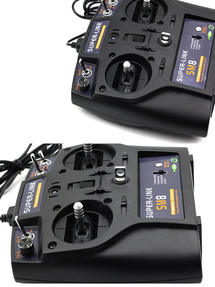Main tenant la manette du simulateur RC SM8 8CH Superlink, illustrant la prise en main ergonomique pour un contrôle précis.