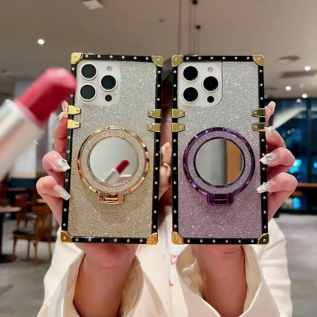 Square black box frame gradient glitter phone case with magnetic holder for 11 12 13 14 15 16 pro max