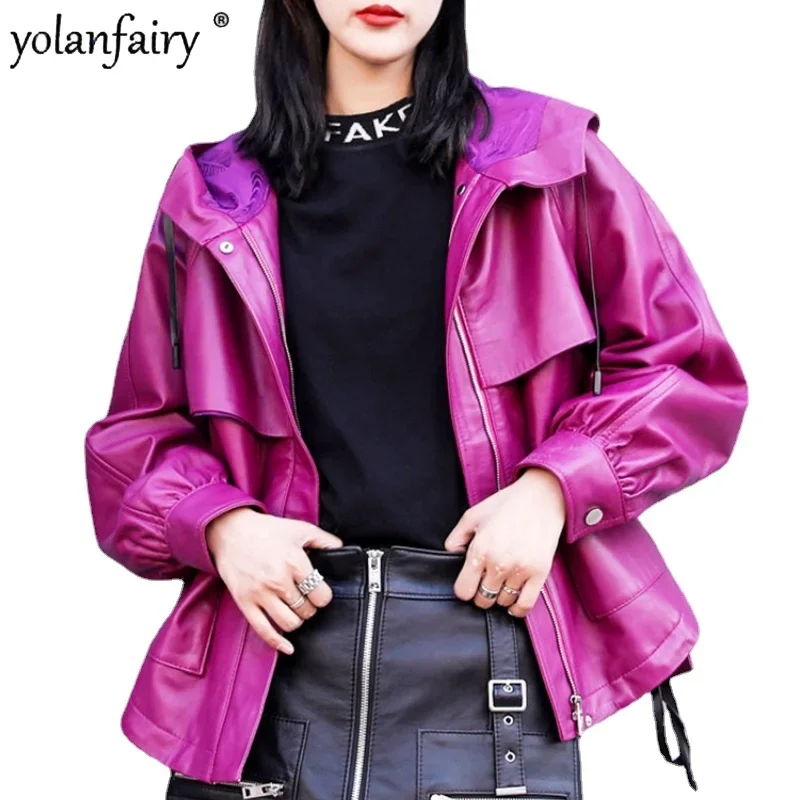 

Fall Real Leather Jacket Women Clothes Winter Sheepskin Hooded Coat Fashion Loose Coats Ladies Leather Jacket Chaquetas FCY1928