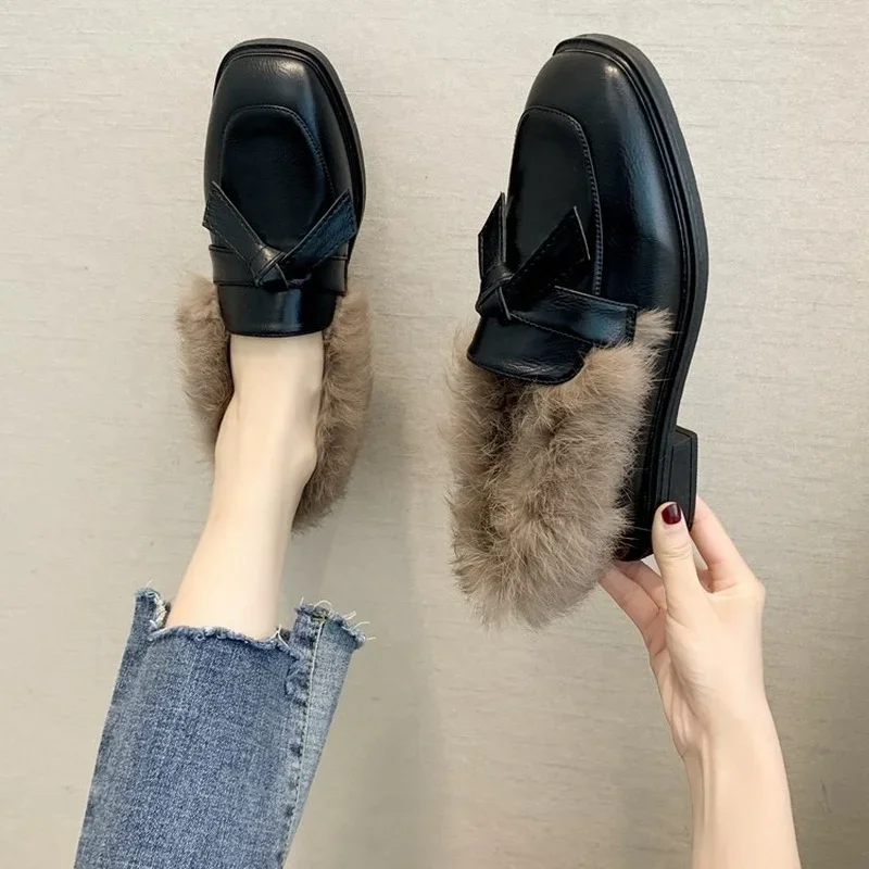 Women Loafers 2022 Plus Velvet Square Toe Flat Warm Low Heel Solid Ladies Shoes Butterfly Knot Comfortable Women Shoes Fashion