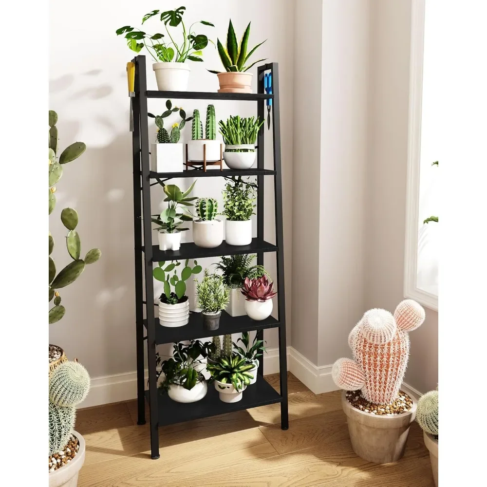 Bookshelf, Ladder Shelf, Freestanding Corner Storage Shelve with 2 Hooks for Home Office, Living Room, 5-Tier Black Bookcase 6