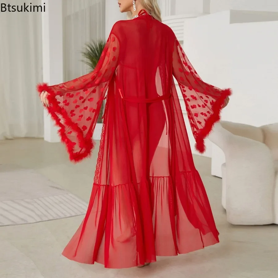 Women's Sexy Mesh Nightgowns Lace Sheer Bathrobes with Belt Long Kimono Nightwear Feather Trim Flare Sleeve Lingerie Robe Femme