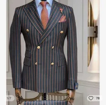  Navy Blue Orange Stripe Double Breasted Design Luxury Brand Suit 2 Pieces Blazer Trousers Men'S Sets Wedding Clothing Party Wear 