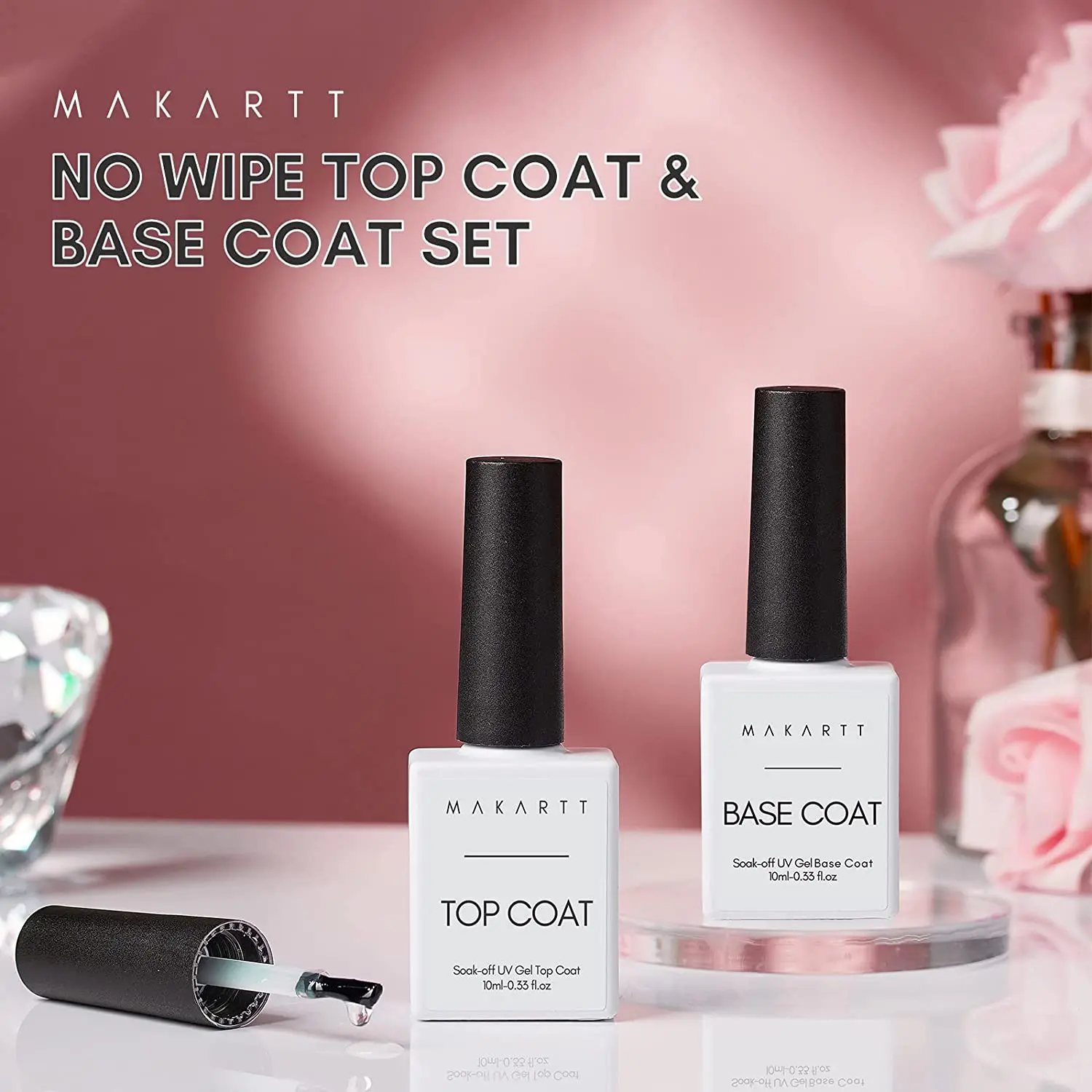 Makartt No Wipe Base and Top Coat Kit 2pcs 10ml Soak Off Nail Gel Base Top Coat Polish Manicure Pedicure Set