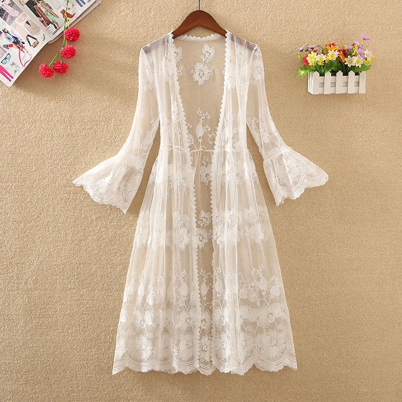 Long Cardigan Beach Cover Up 2023 Summer Blouses For Women Woman V Neck Shirt Top Lace Blusas Femininas Elegant Sunproof Outwear 1