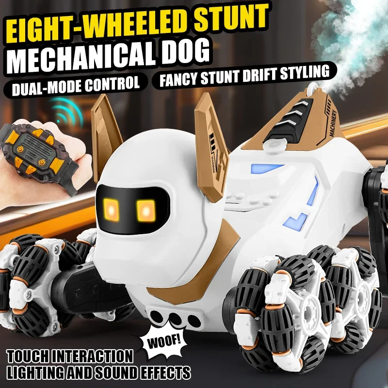 2.4G RC Robot Remote Control Robot Dog Eight wheel 360 Drift Stunt Gesture Insduction with Light Music Spray Toys for Boys Gift