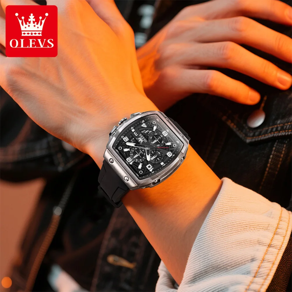 OLEVS 2976 Quartz Watch Man Tonneau 50mm Big Dial Luminous Waterproof Watch For Men Chronograph Date Silicone Strap Wristwatch