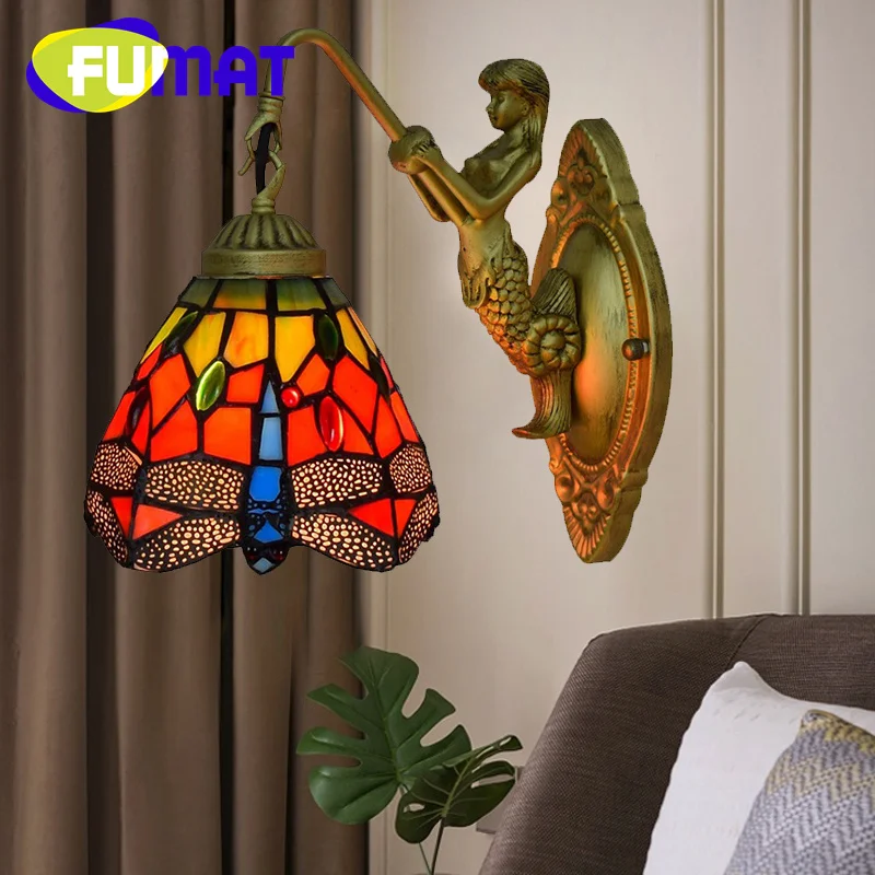 

FUMAT Tiffany style stained glass vintage red dragonfly mermaid wall lamp Dining room bedroom bed aisle balcony LED decor