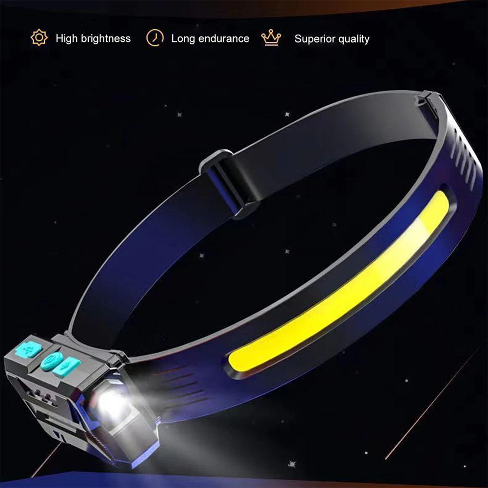 COB LED 야간 주행 손전등, USB 충전, 웨이브 유도 낚시 조명, 전원 디스플레이 센서, 야외용 휴대용 헤드램프