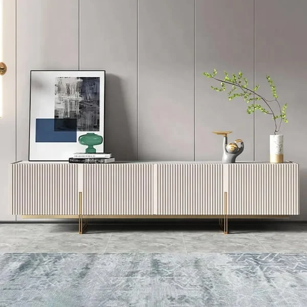 NOVA Minimalist Style White TV Unit Stand Stone Top Media Entertainment Center Cabinet For Living Room Furniture