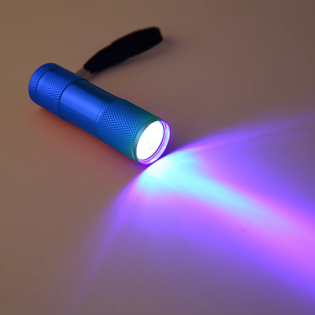 알루미늄 합금 미니 자외선 손전등, 미끄럼 방지, 9LED 질감 캠핑 조명, AAA 배터리 전원, 395nm 백라이트, 가정용, 2W