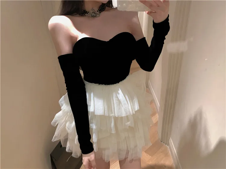 Vestidos mini sin tirantes para mujer, novedad de 2025, para fiesta de noche, graduación, con retazos de encaje, moda Y2K, Vestidos para mujer