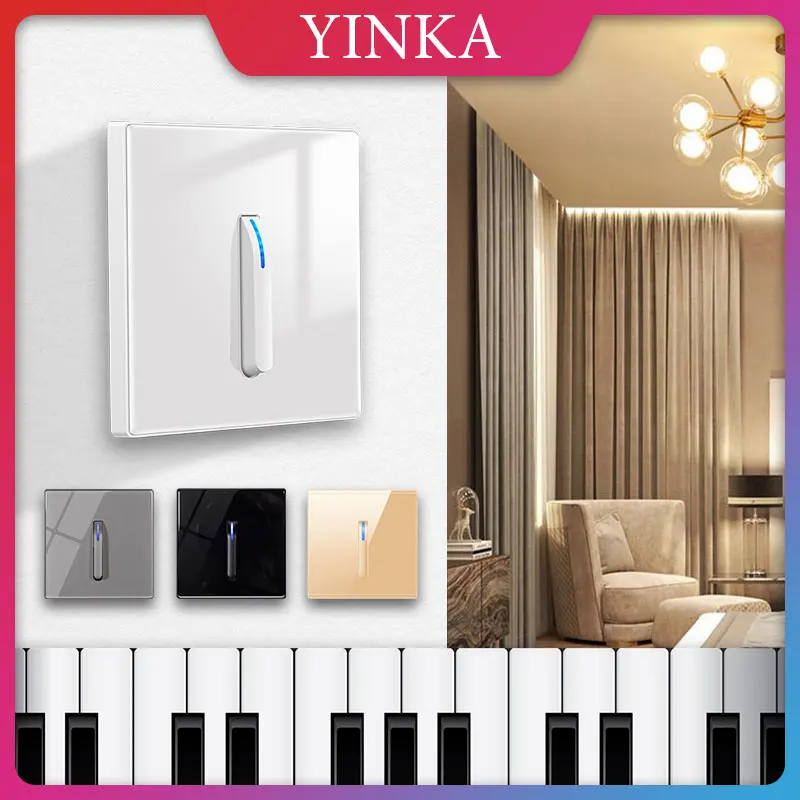 Yinka-home Wall Light Painel Interruptor Cristal Vidro Temperado Self-reconjunto Gang Way Led Indicador Painel de Parede Chave Piano