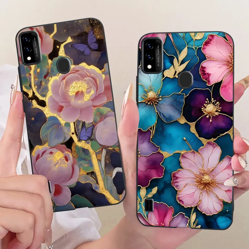 Charming Floral Butterfly Cat Black Silicone Phone Case