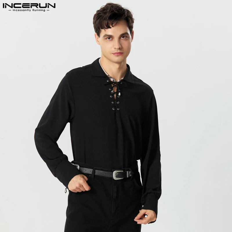 

INCERUN Tops 2023 American Style Handsome New Mens Strap Design Lapel Shirts Casual Solid Well Fitting Long Sleeved Blouse S-5XL