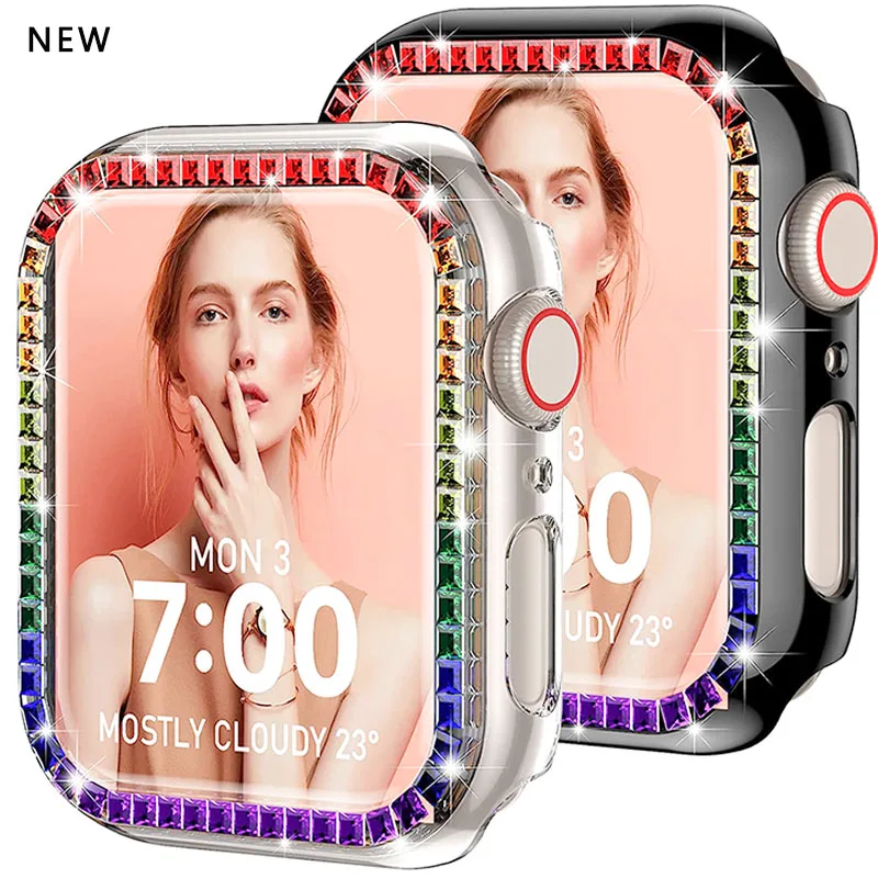 Фото Бриллиантовый чехол для Apple watch Φ 45 мм 41 мм 44 мм 40 мм 42 мм 38 мм, защита для экрана бампера iWatch series 8 7 SE 6 8 5 4 3 2, для женщин №1