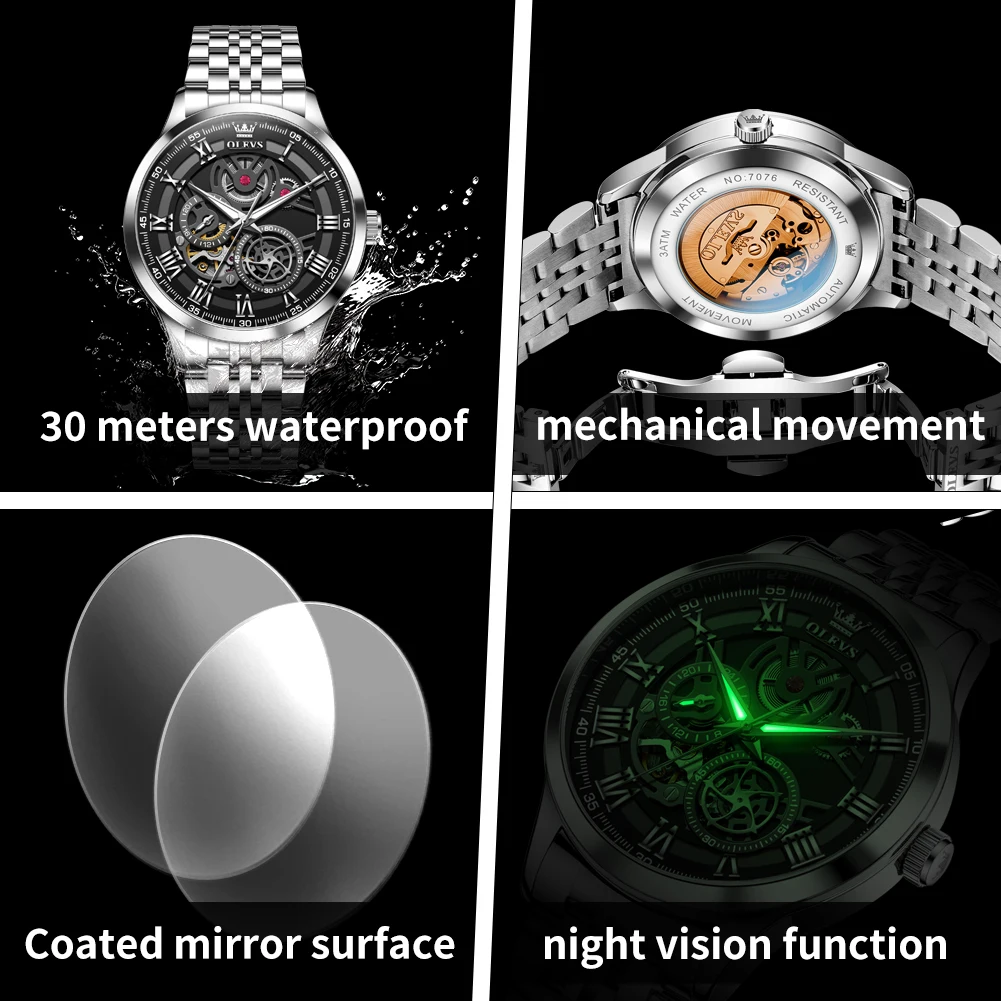 OLEVS 7076 ساعة رجالي ساعة ميكانيكية أوتوماتيكية م...