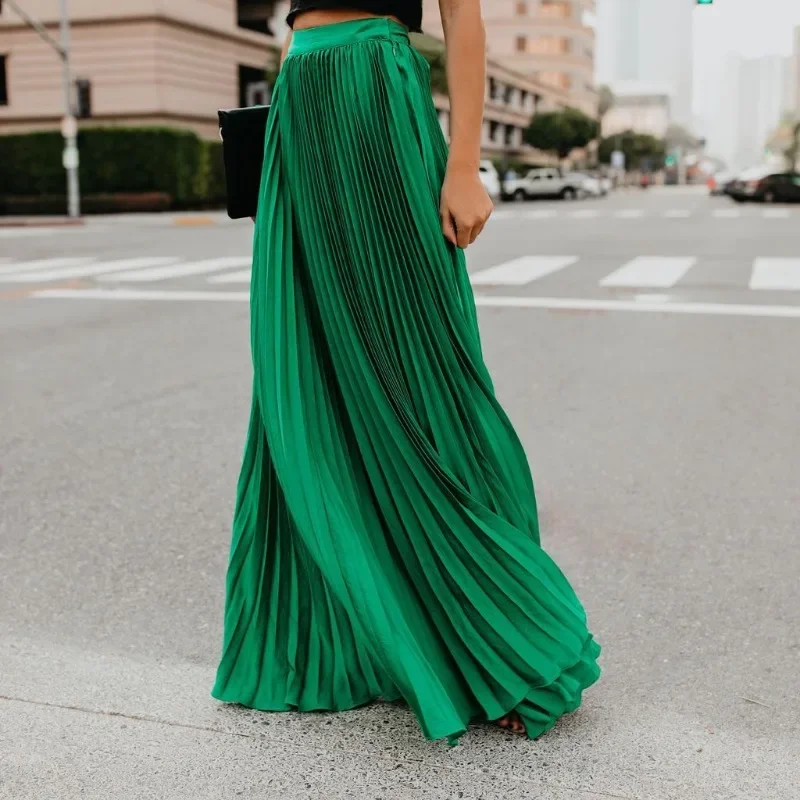 Fashion Prom Women's Skirt Korean Style Solid High Waist Loose Dresses Elegant Party Ladies Pleated Long Skirts Clothes OFE03