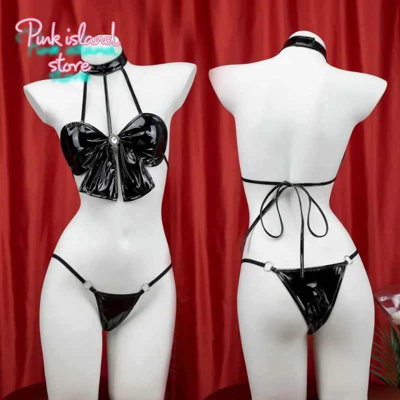

Role Playing Black Bow Decorated Bikini Sexy Patent Leather Cosplay Pajama Anime Halter Revealing Back Costume Women Pornos Set