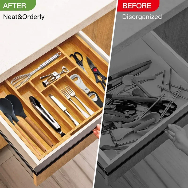 Organizador de cajones expandible para cubiertos de bambú, bandeja ajustable para cubiertos, separador de cajones de madera para cubiertos, utensilios de cocina - Image 4