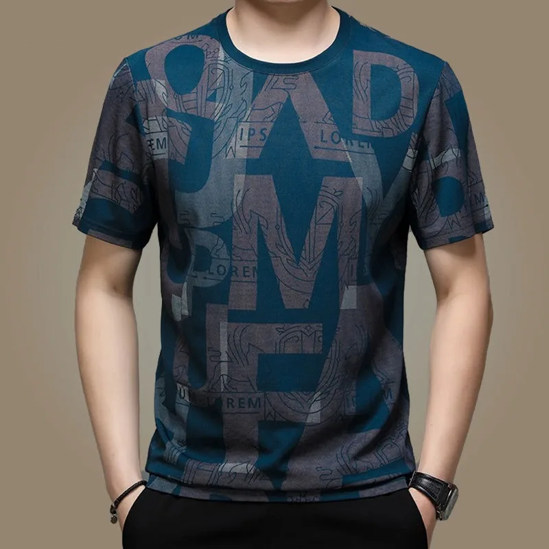 

Men Oversized T Shirt Short Sleeve Mercerized Cotton Round Neck Summer Thin High-end Ice Silk Printed Casual Fashion Tops
