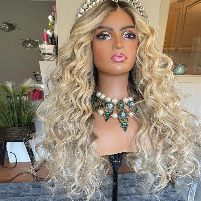High Quality Cosplay Creamy Ash Blonde Balayage Kinky Curly Wig Premium Human Hair Blend Synthetic Invisible Lace Front Wig