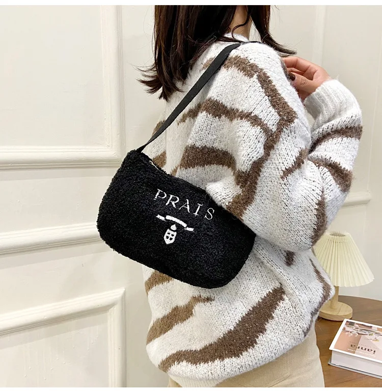 Women Paris Letters Print Mini Shoulder Bags Female Winter Plush Underarm  Bags Fashion Fluffy Tote Bag Warm Cloth Fabric Handbag - AliExpress