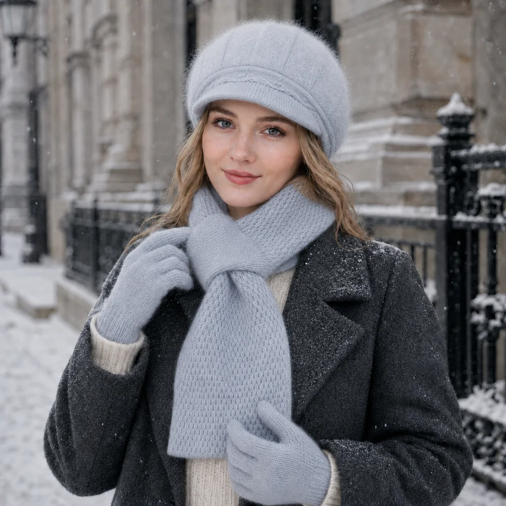 3-Piece Women’s Winter Hat Scarf Gloves Set, Fuzzy Visor Cap & Pull-Through Neck Warmer, Warm Knit Cold Weather Accessories