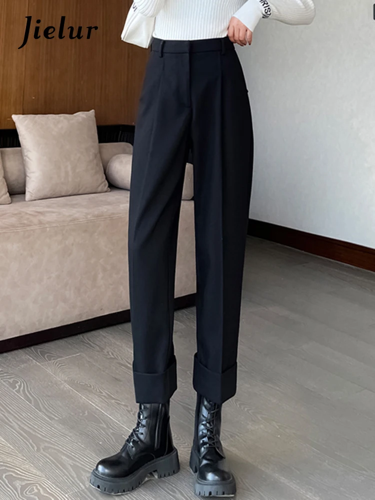 Jielur Winter New Casual Female Harem Pants Basic Office Ladies Loose Thick Solid Color Fashion Female Streetwear Black Coffee
