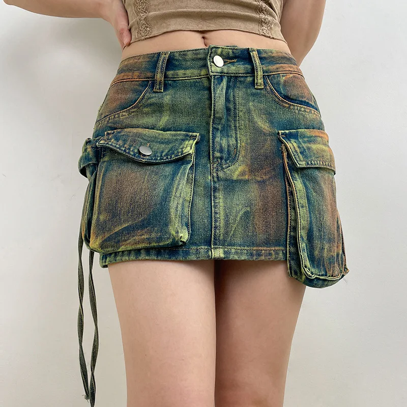 Denim Tie Dye Skirt Jean Mini Dress Sexy Y2K Streetwear 2023 Women Summer Clothing Cargo Pocket Dress High Waist Cute Skirts new summer cute cartoon children s slippers fruit dinosaur pattern breathable comfortable non slip soft home boys girls slippers