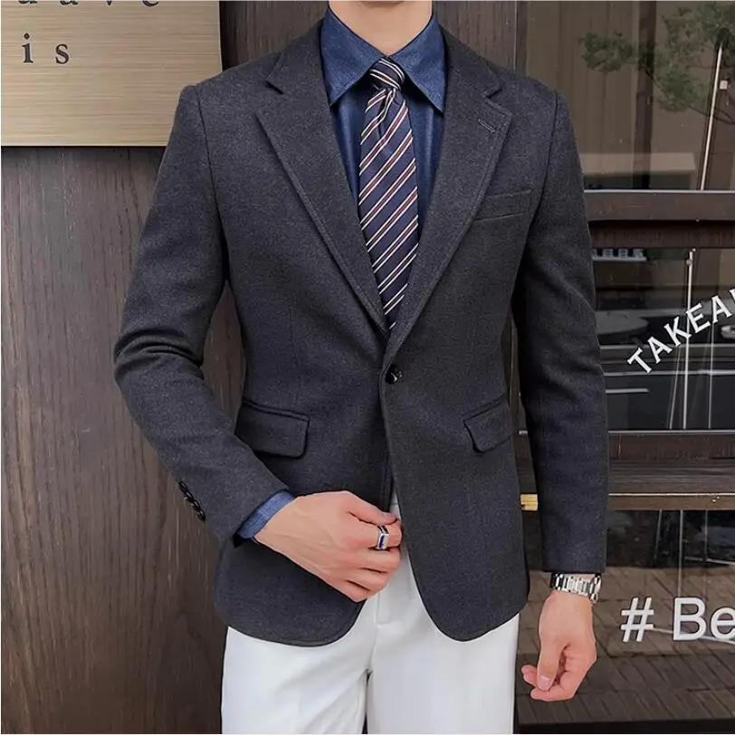 

High Quality Woolen Blazers Men's British Style Elegant Simple Advanced Simple Casual Party Wear Gentleman's Suit Fitted Jacket