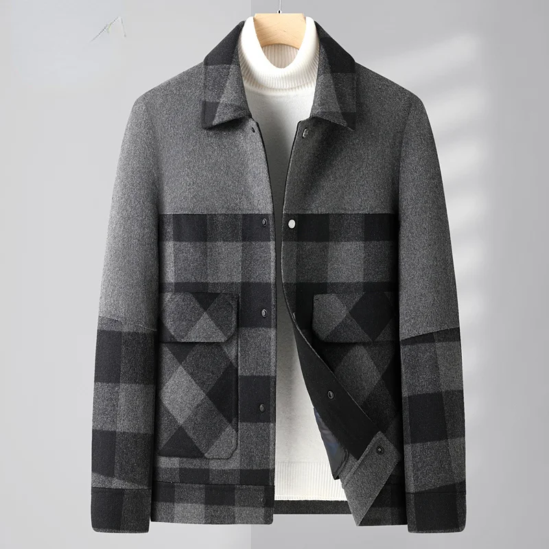 

2023 Men's Autumn Winter Fashion Short Wool & Blends Jackets Male Plaid Woolen Outerwear Men Casual Single Breasted Coats W56