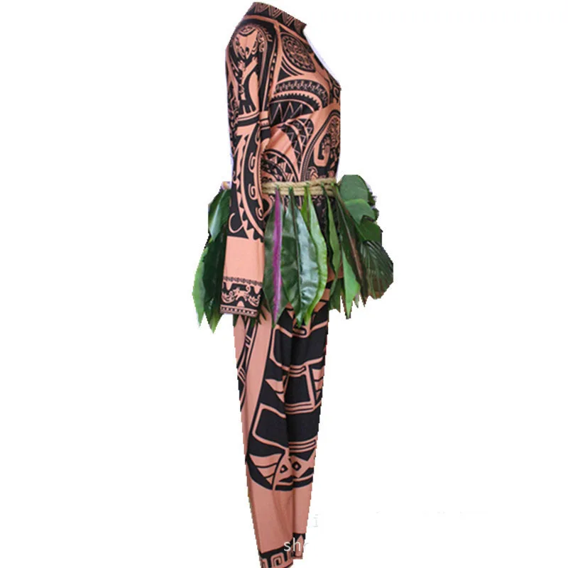 Venda quente adulto adulto trajes moana maui trajes tatuagem t camisa  calças trajes conjunto cosplay decoração trajes folhas - AliExpress