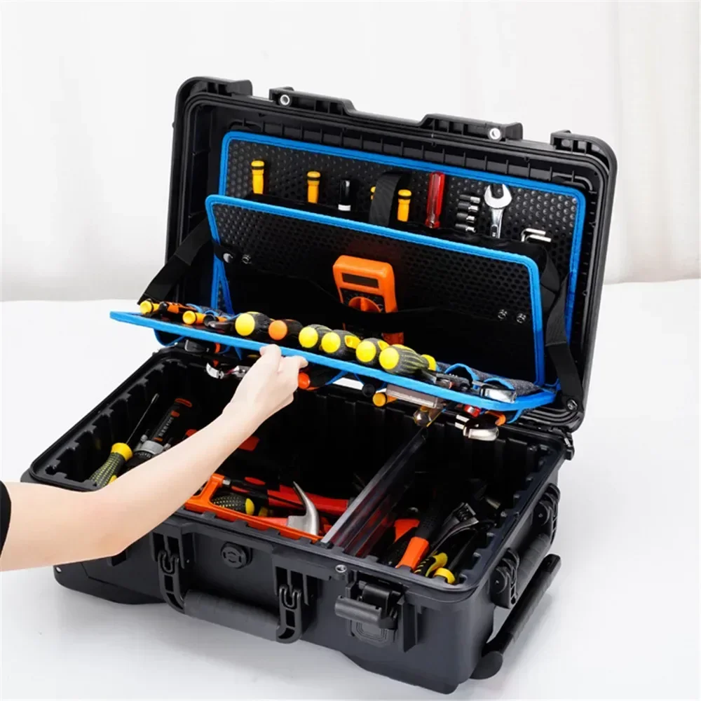 Outdoor Hard Case with Trolley Pocket Tool Boards Wheel Electrician Tools Chest Organizers Electric Drill Toolbox Garage Storage 2