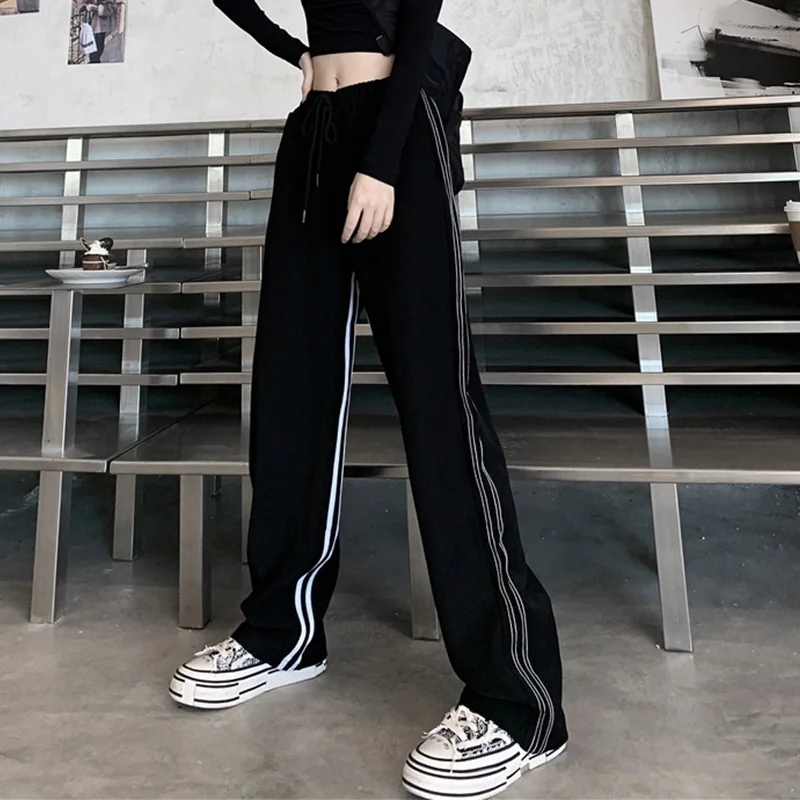 Spring-Autumn Girl's High Waist Pants Harajuku Style Retro Side Striped Straight Mopping Pants Loose Casual Wide-Leg Trousers capri pants Pants & Capris