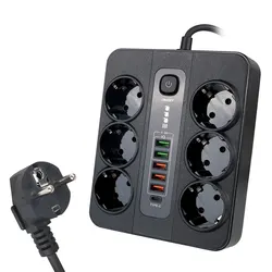 High - Power Extension Socket with Safety Switch and USB - C Ports - 2M Cable and Overload Protection - Black