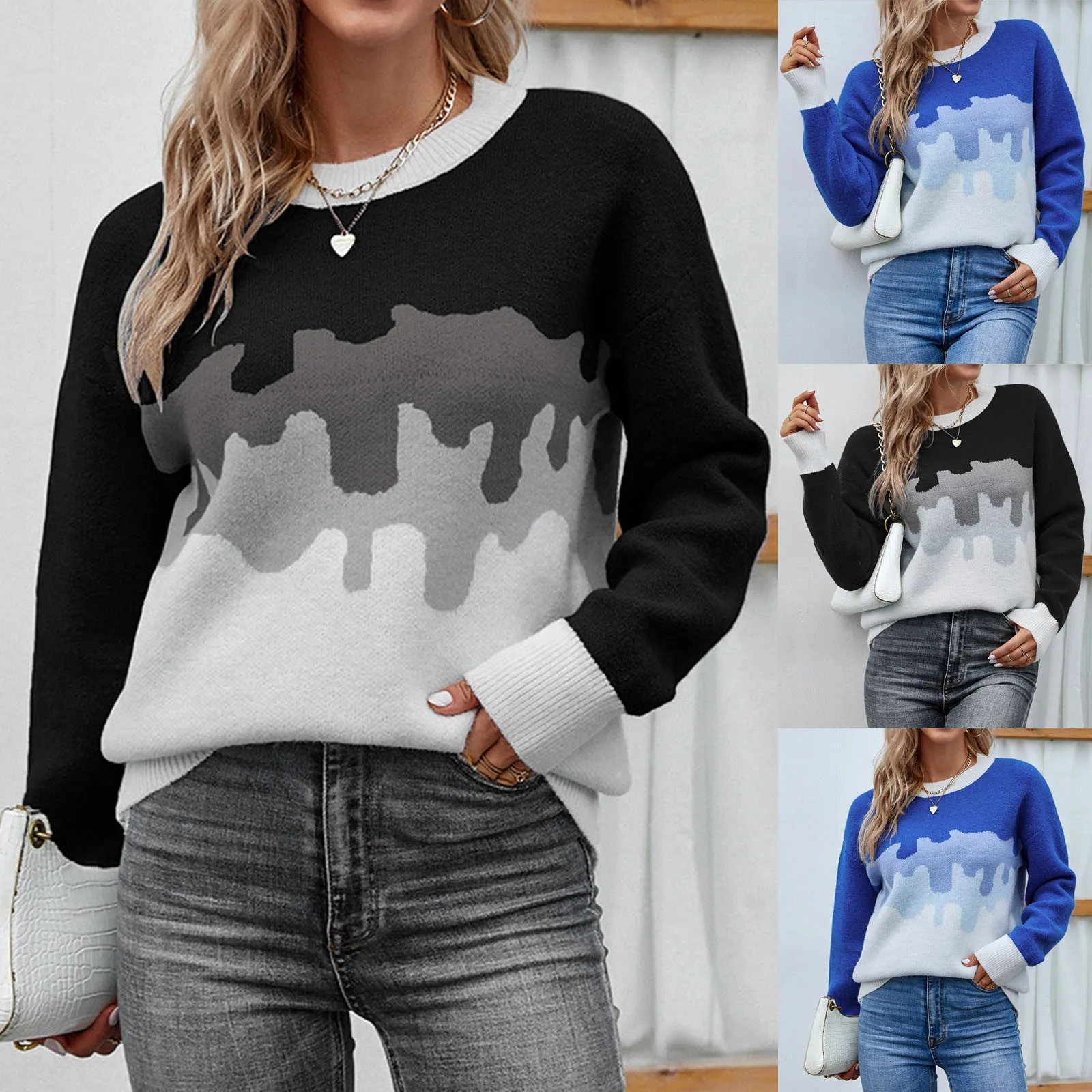 

Casual Base Warm Loose Autumn And Winter Clothing Women's Casual And Fashionable Round Neck Pullover Contrasting Colors Sweater