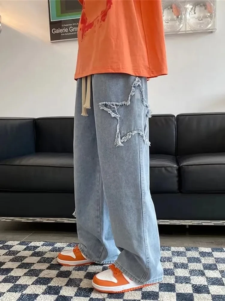 High Street Star Oversized Baggy Jeans Men Washed Loose Wide Leg Pants American Casual Loose Straight Y2K Pants