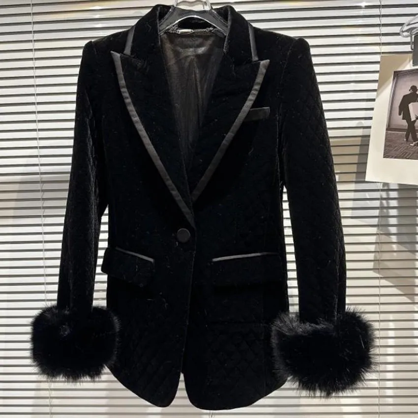 Thick Winter Gold Velvet Blazer Women Small Fragrance Notched One Button Fur Stitching Warm Outwear