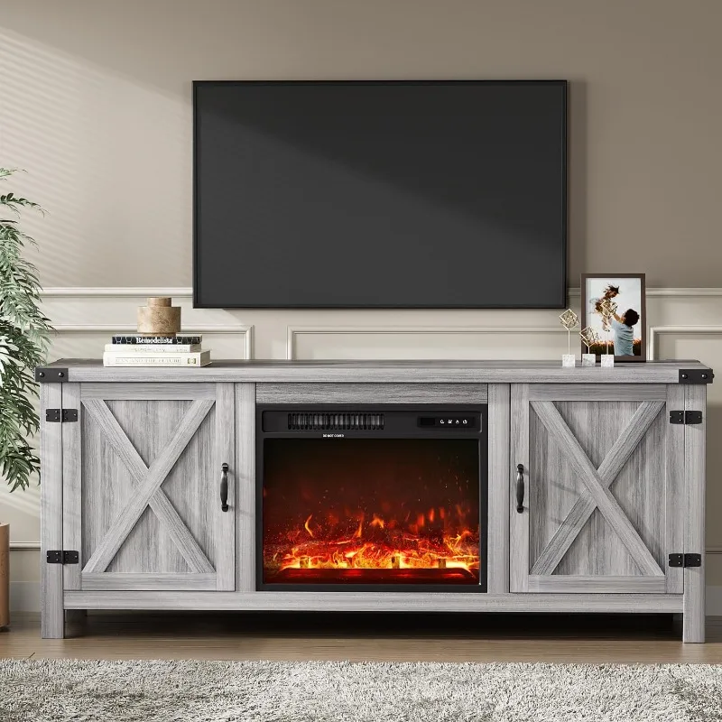 Fireplace TV Stand with Two Barn Doors and Storage Cabinets for Televisions 58 Inch, 2