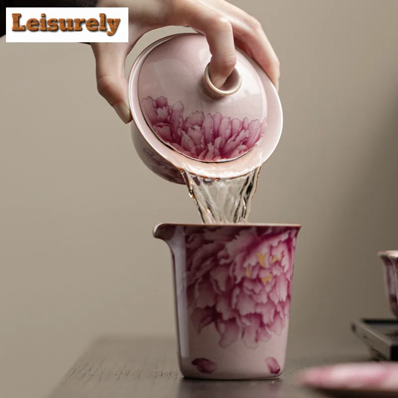 130ML Pink Ru Kiln Gaiwan Japanese Peony Sancai  Anti-scald Tea Tureen Tea Brewing Cover Bowl Tableware Decoration Collection