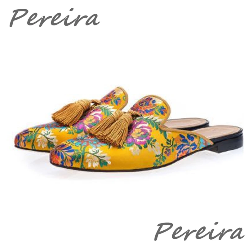 

Luxury Gold Satin Embroider Slippers Tassel Design Round Toe Slip On Flats Male Slipper Summer Fashion Men Outdoor Leisure Shoes