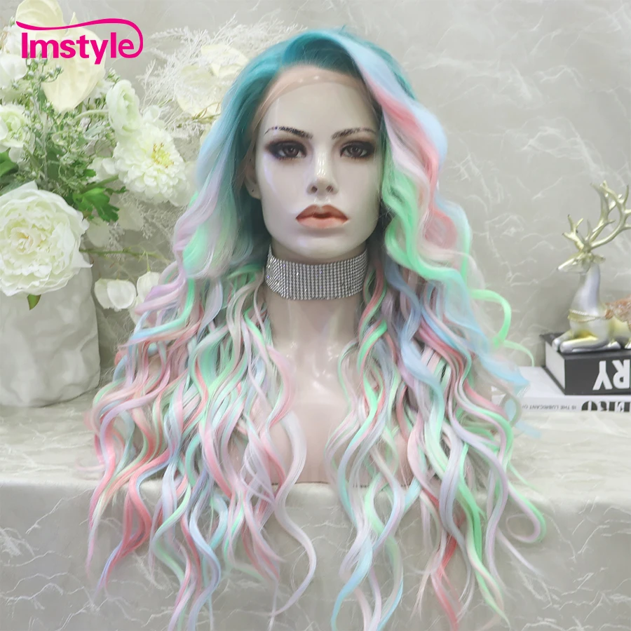 Imstyle Synthetic Lace Front Wig Multicolor Wigs Natural Wavy Heat Resistant Green Pink Mixed Ombre Wig Cosplay For Women